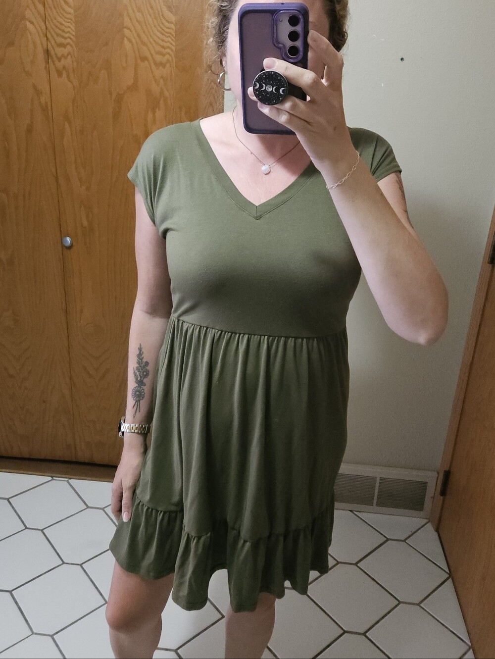Women's Olive Green V-Neck Tiered Dress